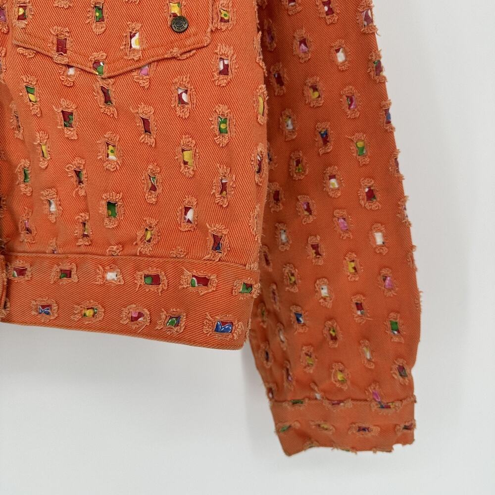 Via Via Couture Denim Jacket XL Orange Trucker Embroidered Textured Boho Retro - Picture 3 of 12